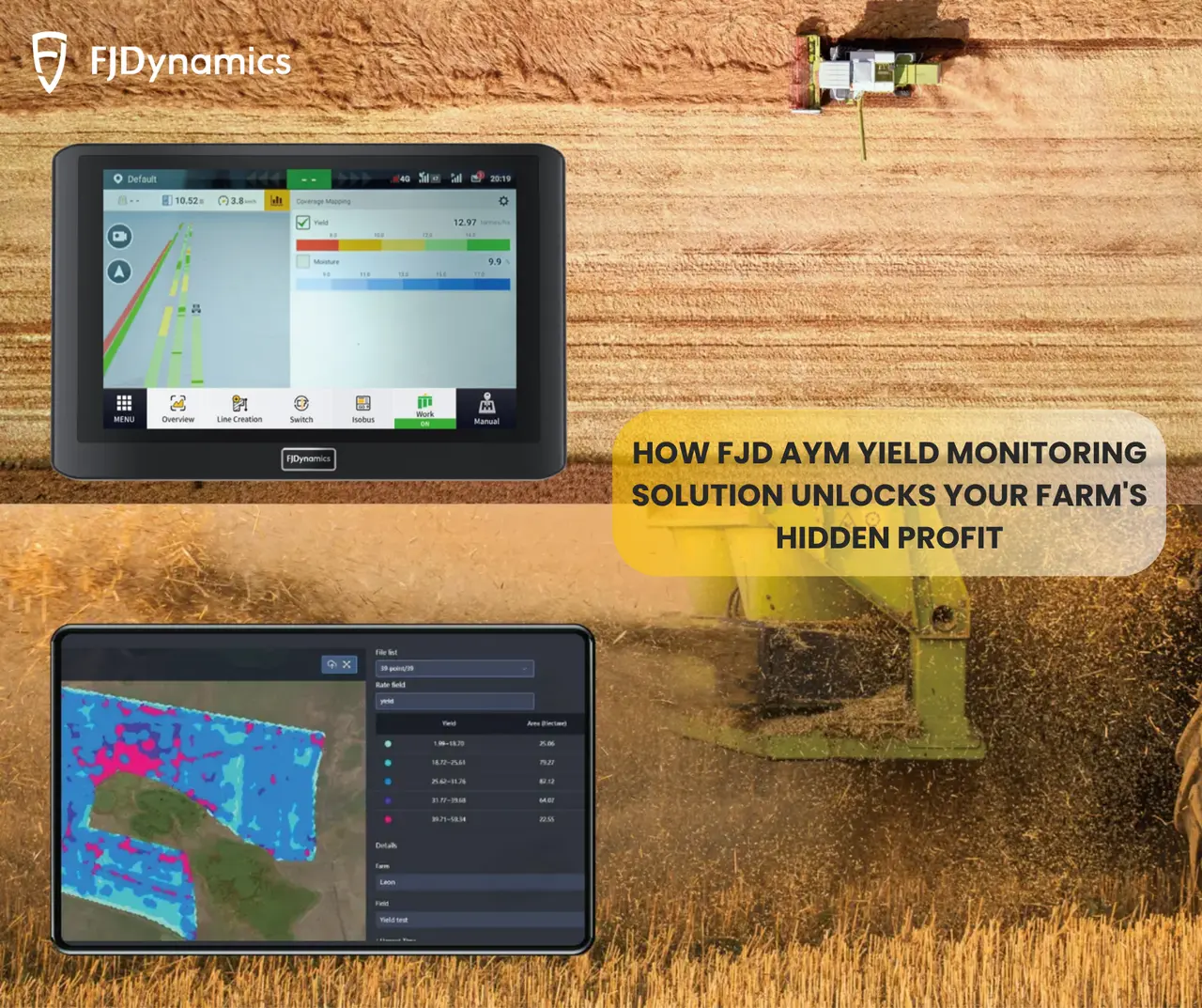 two-part split image for an FJD AYM Yield Monitoring Solution ad. The top shows a combine in a golden wheat field with a tablet displaying agricultural charts. The bottom repeats the theme with a close-up of the combine and a tablet showing a field map. Yellow text reads: "HOW FJD AYM YIELD MONITORING SOLUTION UNLOCKS YOUR FARM'S HIDDEN PROFIT".