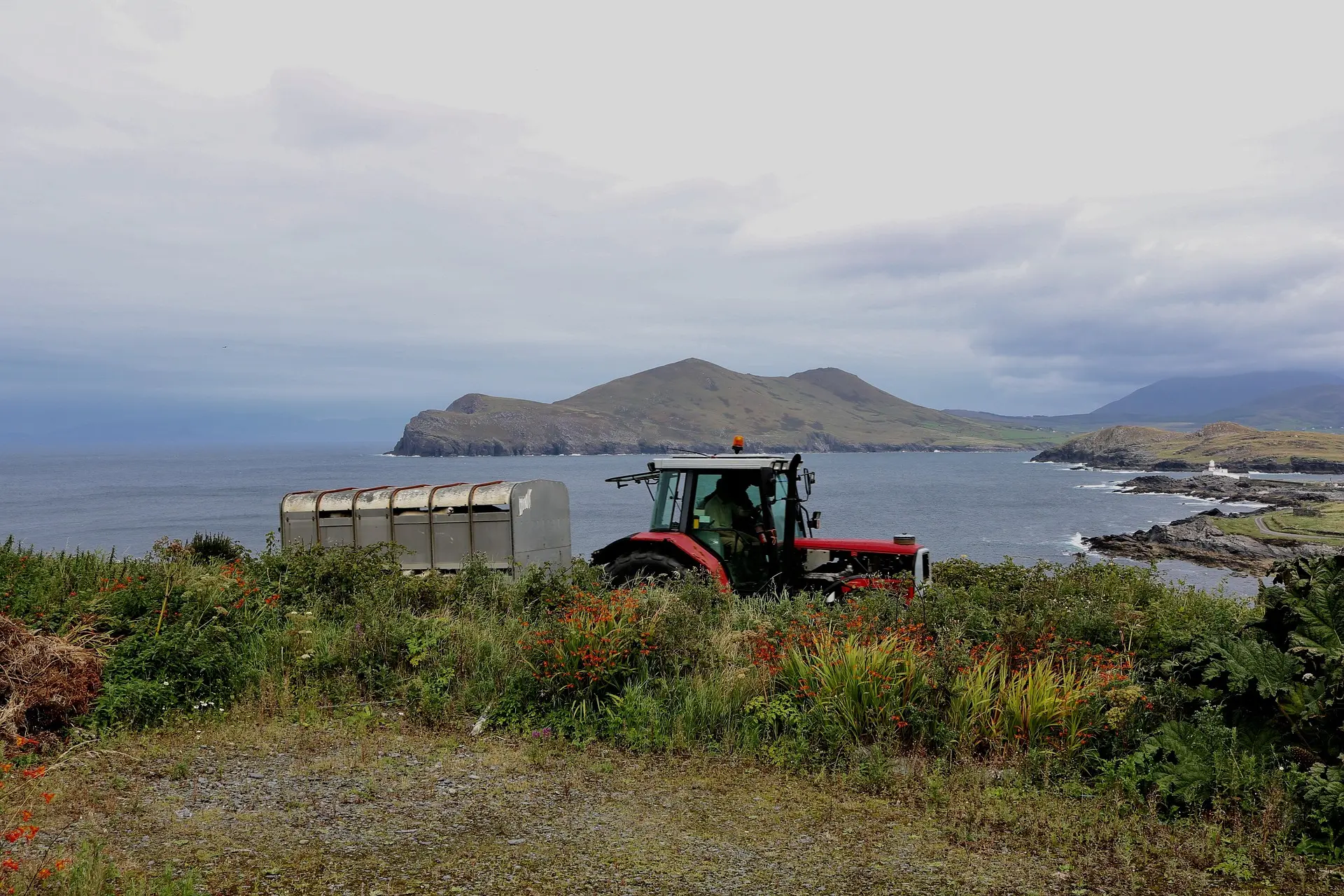 A red tractor with a driver and a silver trailer sits at the edge of a coastal meadow, overlooking a calm, gray-blue sea and distant green hills under cloudy skies.