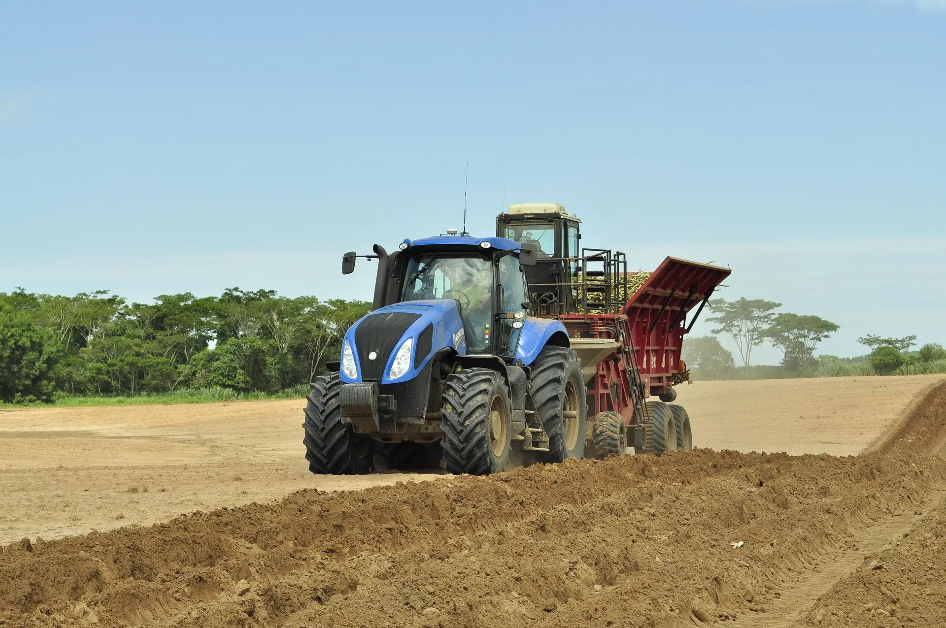 A blue tractor with muddy tires actively works in a freshly plowed field, pulling a red tillage or seeding implement that leaves distinct ridges of turned soil. Its headlights are on, indicating operation under a clear sky with distant green trees in the background.