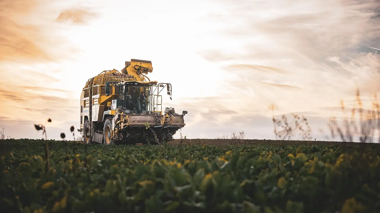 A sizable yellow and white agricultural machine moves through a vibrant green field under a magnificent sky ablaze with the warm colors of sunrise or sunset. The stark contrast between the detailed machinery and the vast, colorful sky creates a powerful and serene image of agricultural work within the grandeur of nature.