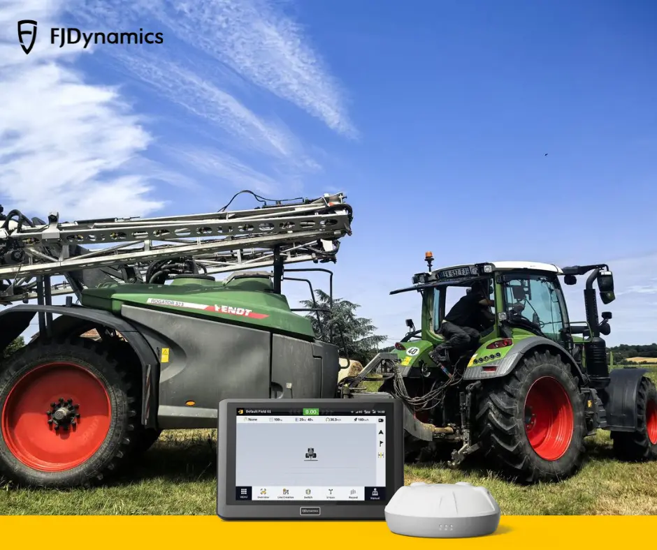 A green Fendt tractor equipped with a large modern sprayer operates in an open field, showcasing precision agriculture in action. The scene highlights technology integration: an operator monitors controls from the cab, while an external tablet (part of an FJDynamics system) displays real-time data. A white GNSS/GPS antenna is visible, underscoring the use of automated guidance and data-driven decision-making for efficient crop management.