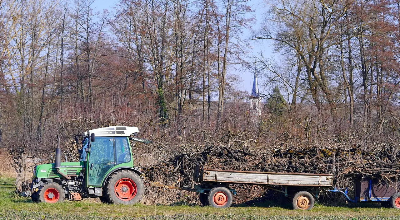 A green Fendt tractor with red-rimmed wheels pulling two trailers loaded with branches and debris in a rural setting, with a church visible among leafless trees under a blue sky.