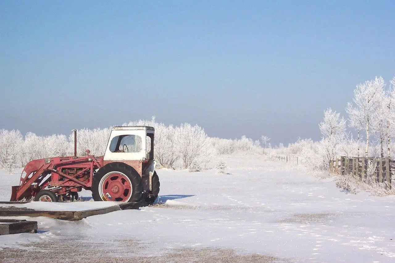 A vintage red and white tractor parked in a serene, snow-covered field, its bright red wheels standing out against the pristine white landscape dotted with frost-covered trees and a wooden fence under a clear blue sky.