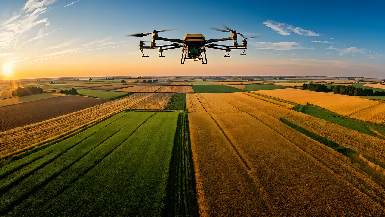 A drone hovers above a vibrant agricultural landscape, monitoring fields divided into geometric plots of green and golden crops. The warm sunlight and distant trees highlight the integration of technology with traditional farming.