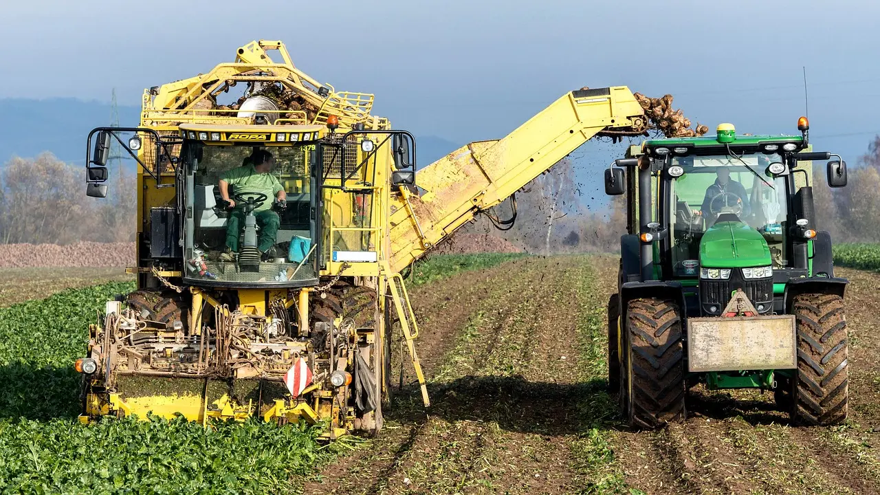 A large yellow combine harvester, operated by a farmer inside the cab, works in tandem with a green tractor during harvest. Crops flow along the harvester's conveyor into the waiting trailer, set against a serene rural backdrop of fields and distant hills.