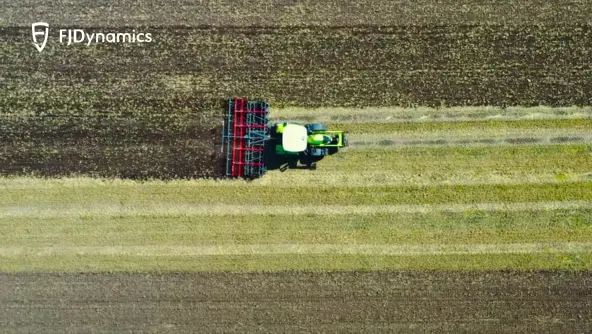 Precision farming landscape with GPS-guided tractors and drones.