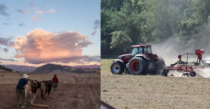 Side-by-side comparison of traditional farming and GPS-guided precision farming.