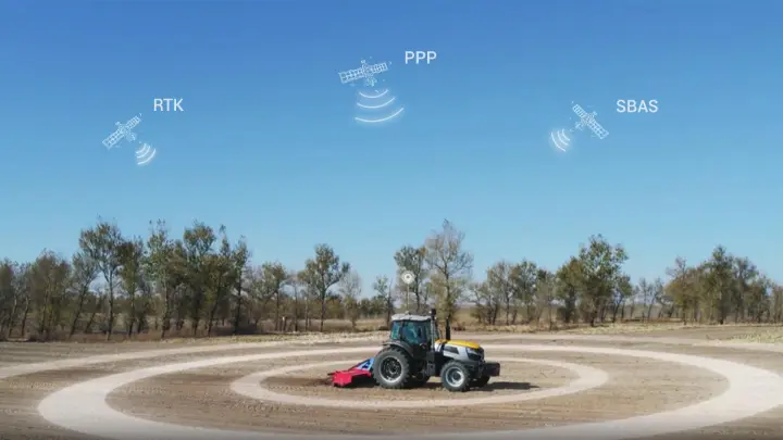 Illustration of GPS signals guiding a tractor during field operations.