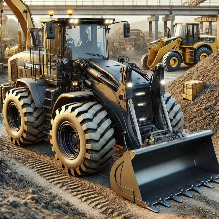 An industrial tractor with a loader and backhoe at a construction site.