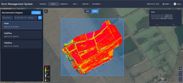 Screenshot of a farm management system showing NDVI analysis for crop health and field data reconstruction in a precision farming dashboard