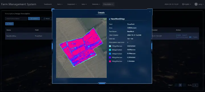 Screenshot of farm management system showing prescription map details for field data, including grid size, area, and variable-rate application levels for precision farming