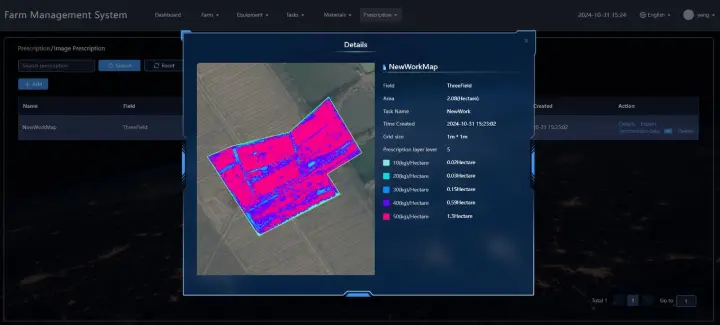 fjd farm management system displaying a prescription map with field details, crop prescription layers, and task information for optimized farm operations