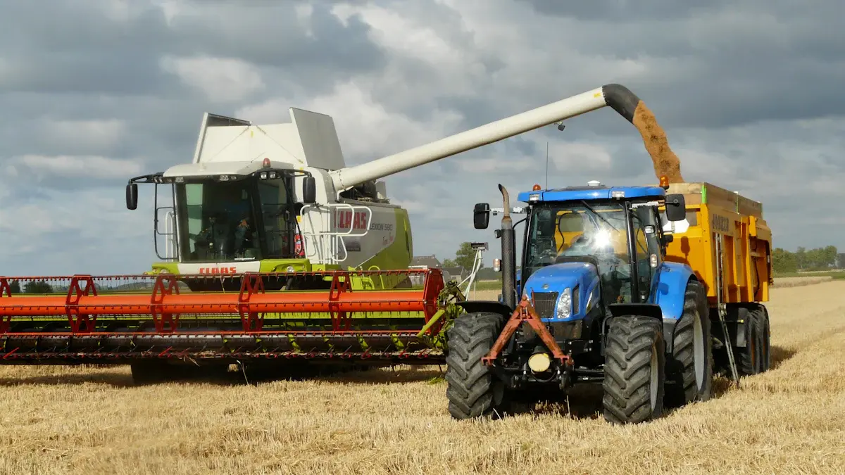 Advanced Tractor Farm Equipment for Precision Agriculture A modern tractor equipped with GPS and auto-steering technology working on a large farm field.