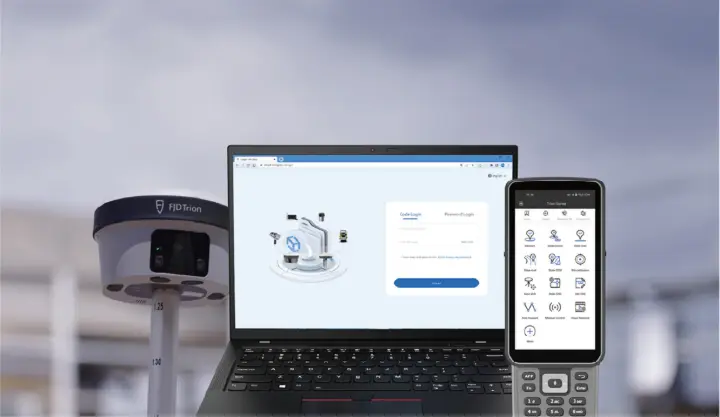 FJD TRION™ V10i GNSS system for high-precision surveying and mapping, offering advanced RTK capabilities and visual positioning for accurate geospatial data collection.
