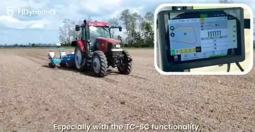 FJDynamics AT2 Auto Steer System providing GPS guidance for autonomous tractors on a large-scale farm.