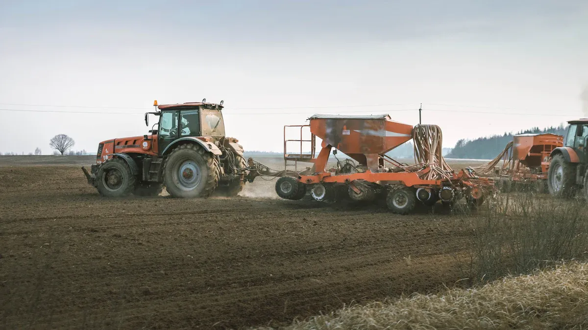 Farmer using tractor auto-steering with GPS technology for efficient land management