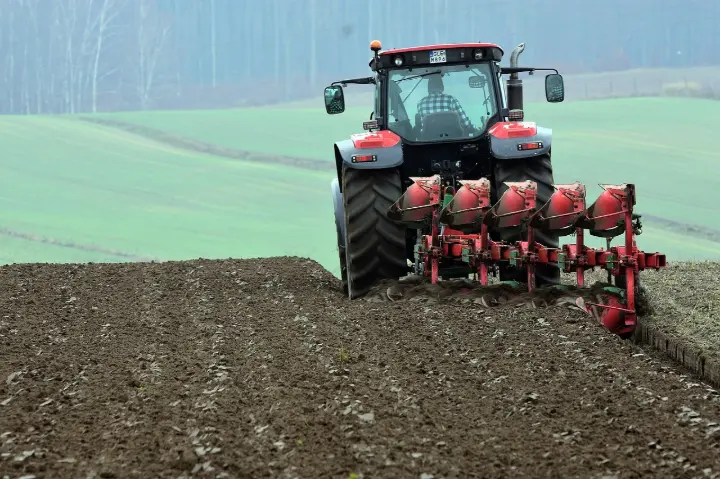 Small farm tractor working in a vibrant field with precision guidance