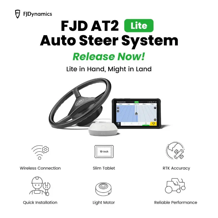 FJD AT2 Lite Auto Steer System for precision farming, enhancing agriculture tech and crop yield.