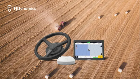 Advanced agriculture GPS system with steering wheel, tablet interface, and GPS sensor on a farm.