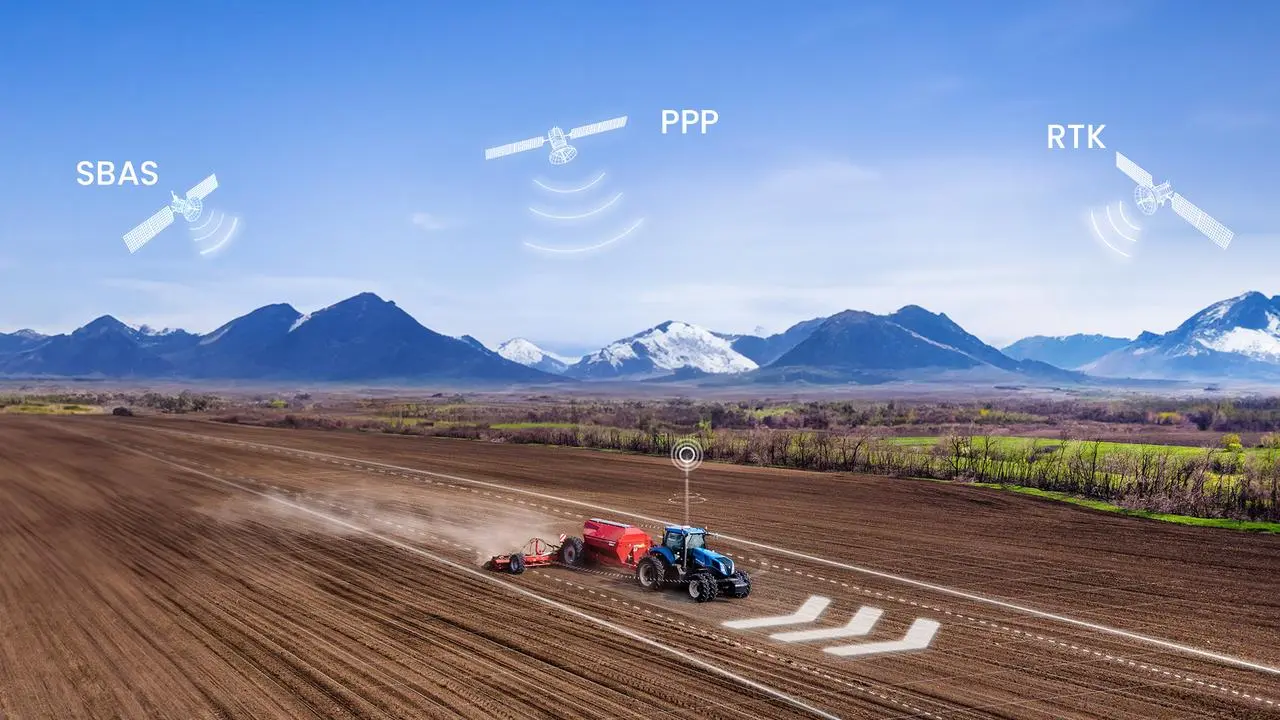 A blue tractor farms a field in China under the guidance of satellite signals, symbolizing the integration of modern precision agriculture technology with the natural landscape of mountains.