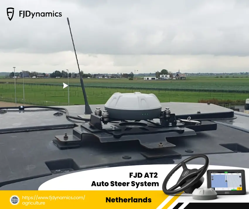 Close-up of the FJD AT2 Auto Steer System components, a precision agriculture solution that enables hands-free farming for vehicles in real-world conditions like the Netherlands.