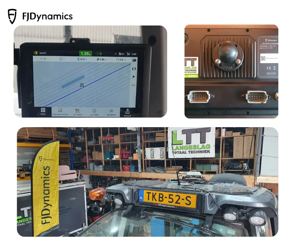 A detailed view of the FJDynamics product ecosystem: the in-vehicle tablet display showing the guidance interface, a close-up of the device ports, and the full system installed on a vehicle at the LTT Langeslag Totaal Techniek facility, highlighted by an FJDynamics flag.