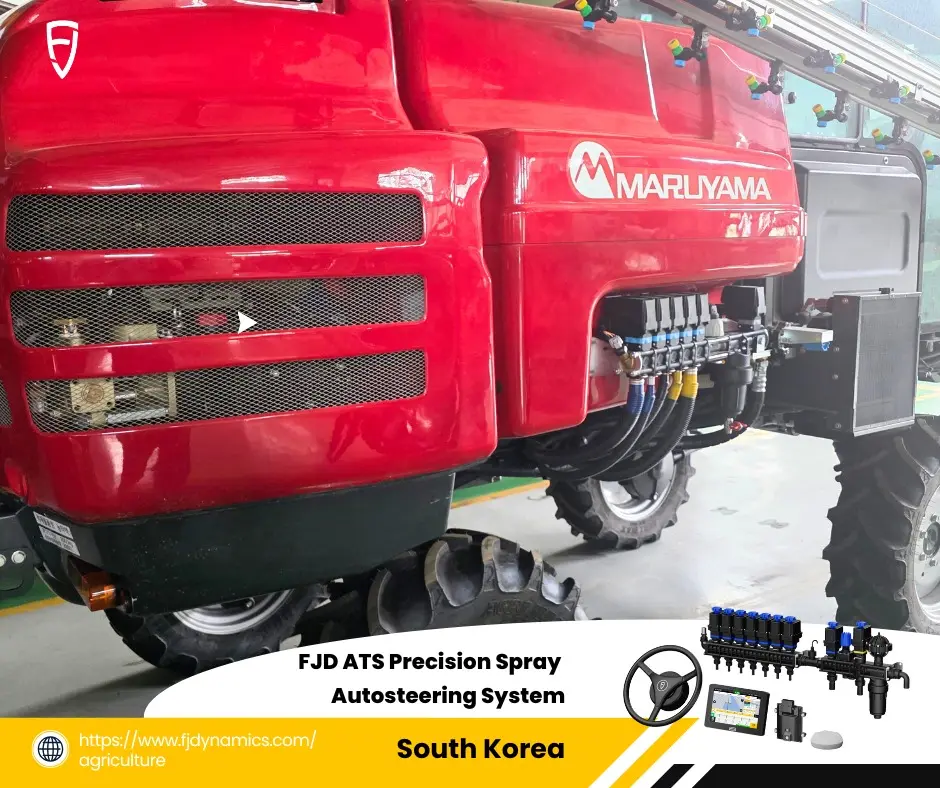 Showcasing precision agriculture technology: The FJD ATS Precision Spray Autosteering System components displayed alongside a MARUYAMA sprayer, representing an integrated solution for accurate and efficient chemical application, as promoted in the South Korean market.
