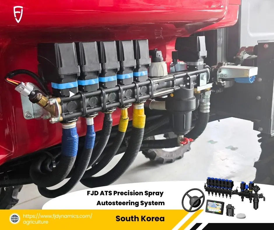 Product detail and infographic for the FJD ATS Precision Spray Autosteering System, featuring a close-up of its hardware integration on farm equipment and a diagram of its full component ecosystem, promoted for the South Korean market.