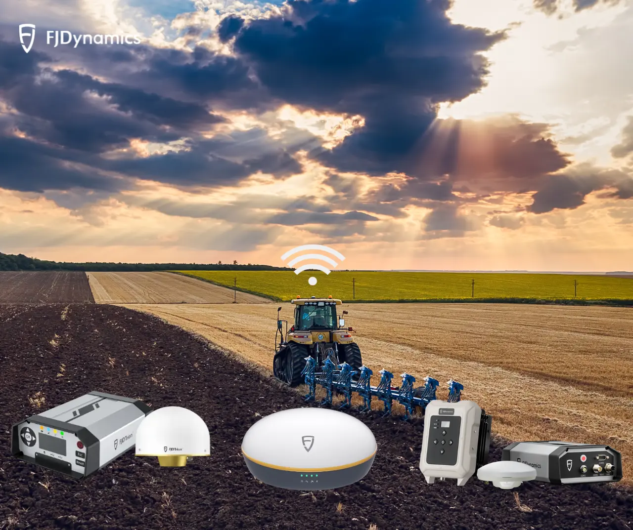 FJDynamics integrated smart farming solution: IoT-enabled devices and connected machinery work in harmony with the land. The image visualizes how technology guides efficient field operations and data-driven management within the natural agricultural cycle.