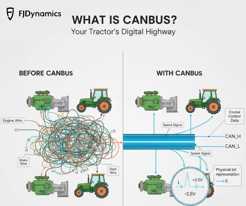 Infographic titled "WHAT IS CANBUS? Your Tractor's Digital Highway" by FJDynamics. The left side, labeled "BEFORE CANBUS", shows a complex tangle of colored wires (Engine, Brake, Dash wires) connecting tractor components. The right side, labeled "WITH CANBUS", illustrates a simplified system where components communicate via two clean data buses (CAN_H and CAN_L), transmitting signals like Speed and Cruise Control Data. A callout explains the physical bit representation with +2.5V and -2.5V levels, visually contrasting chaotic legacy wiring with efficient modern digital communication.