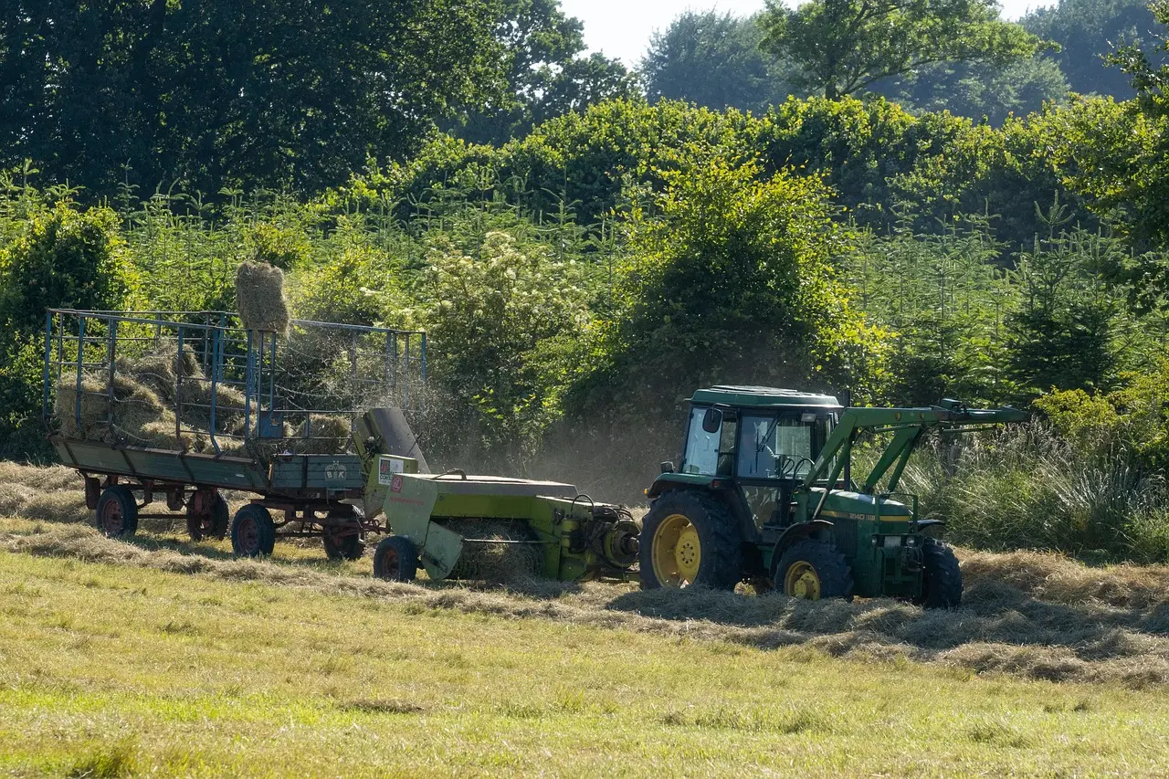 Efficient hay harvesting in action: A John Deere tractor demonstrates reliable performance by collecting and loading hay in a picturesque rural setting. This scene showcases the practical workflow and serene beauty of mechanized forage management during the summer season.